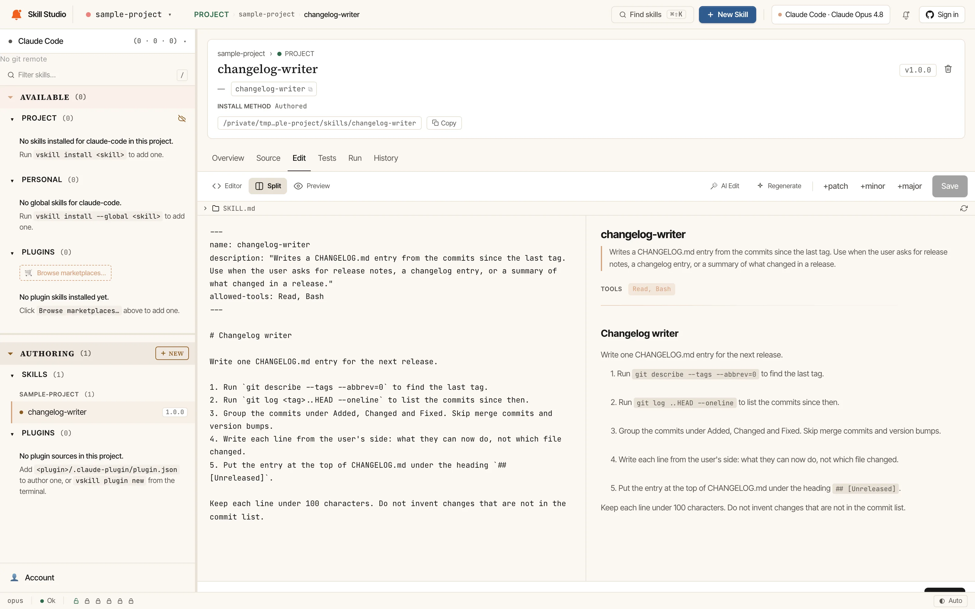 Skill Studio editing a sample changelog-writer skill: SKILL.md source on the left, rendered preview on the right.