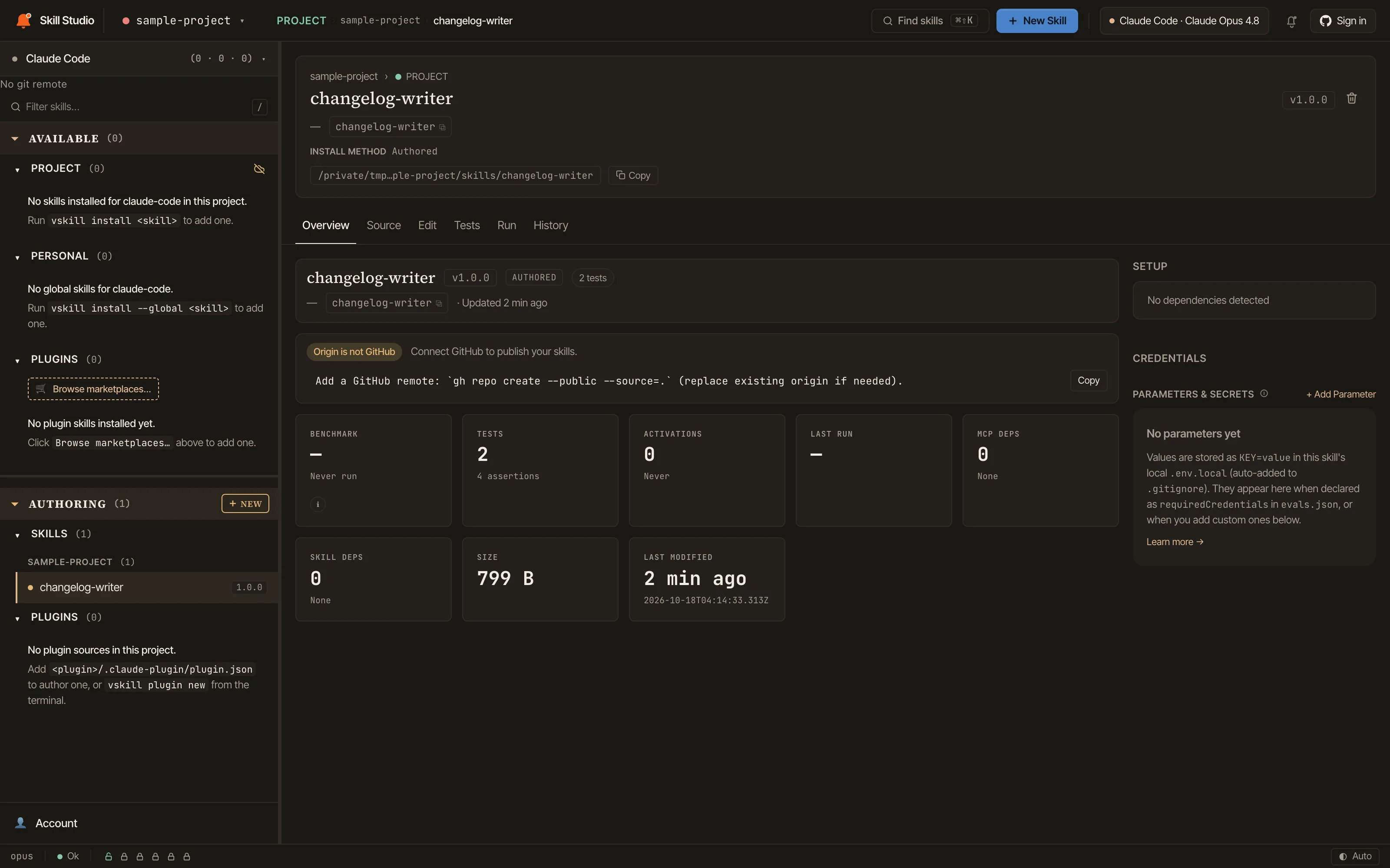 The Overview tab of a sample skill in Skill Studio: a notice that publishing needs a GitHub remote, above the benchmark, test and activation counts.