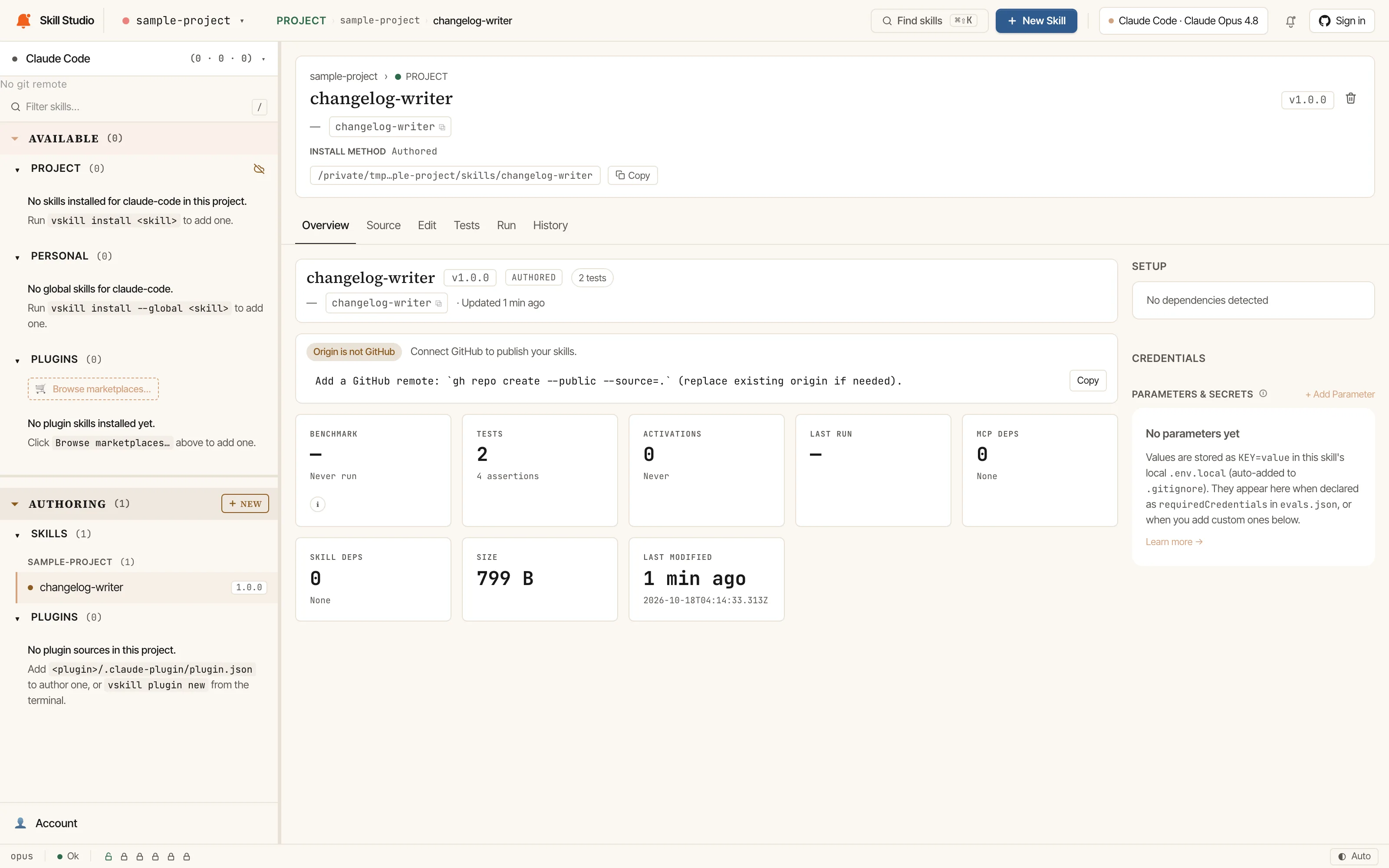 The Overview tab of a sample skill in Skill Studio: a notice that publishing needs a GitHub remote, above the benchmark, test and activation counts.